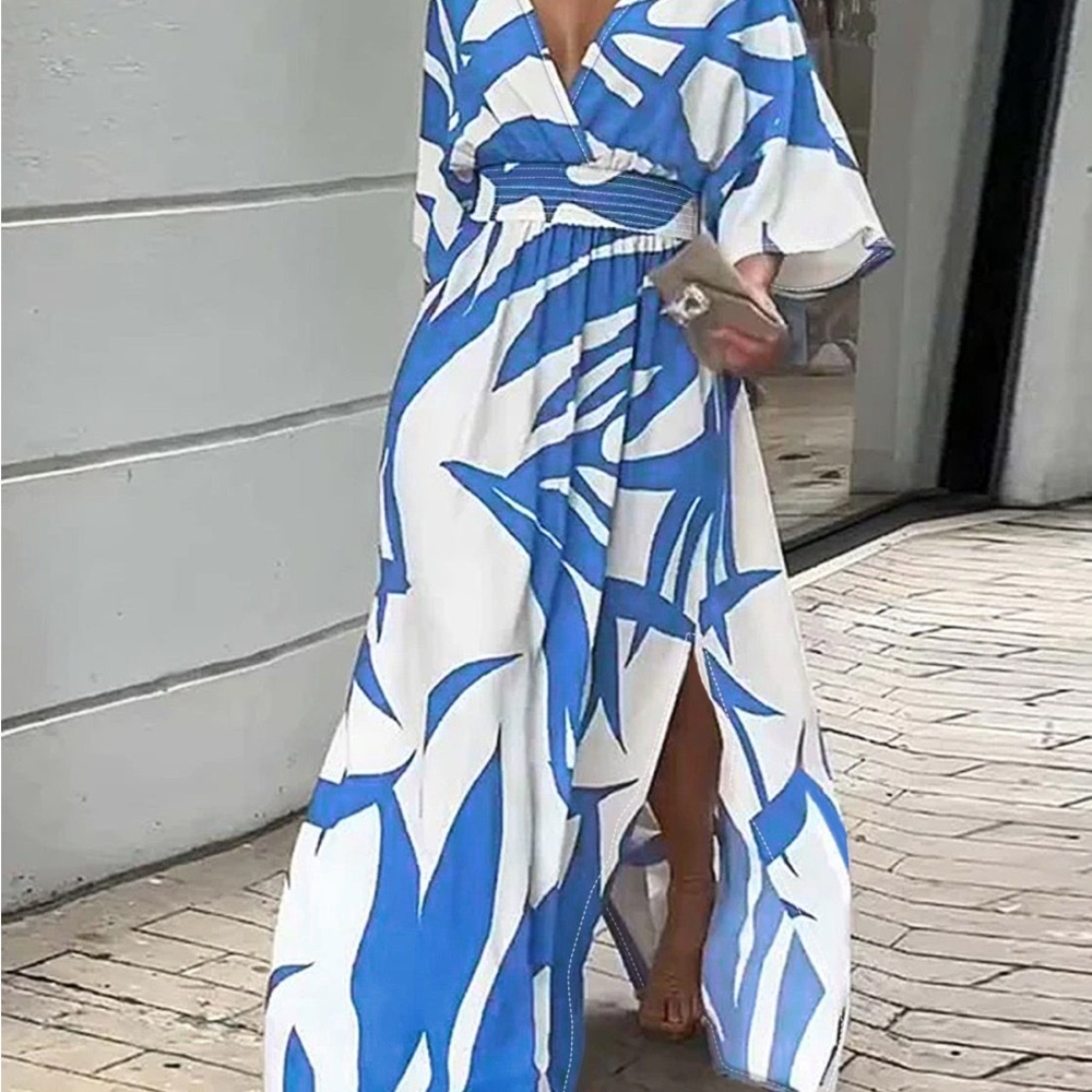Elegant Blue and White Maxi Dress